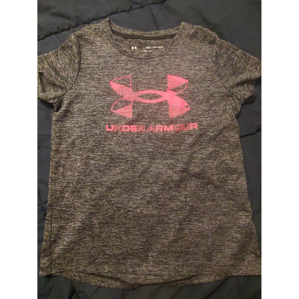 Under Armour Girls YXS Loose Heather Gray Pink Logo Crew Neck T-Shirt